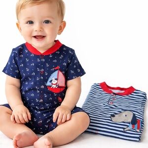 Duck Duck Goose Nautical Baby Romper Set 3-6M Sailboat & Dog Cotton